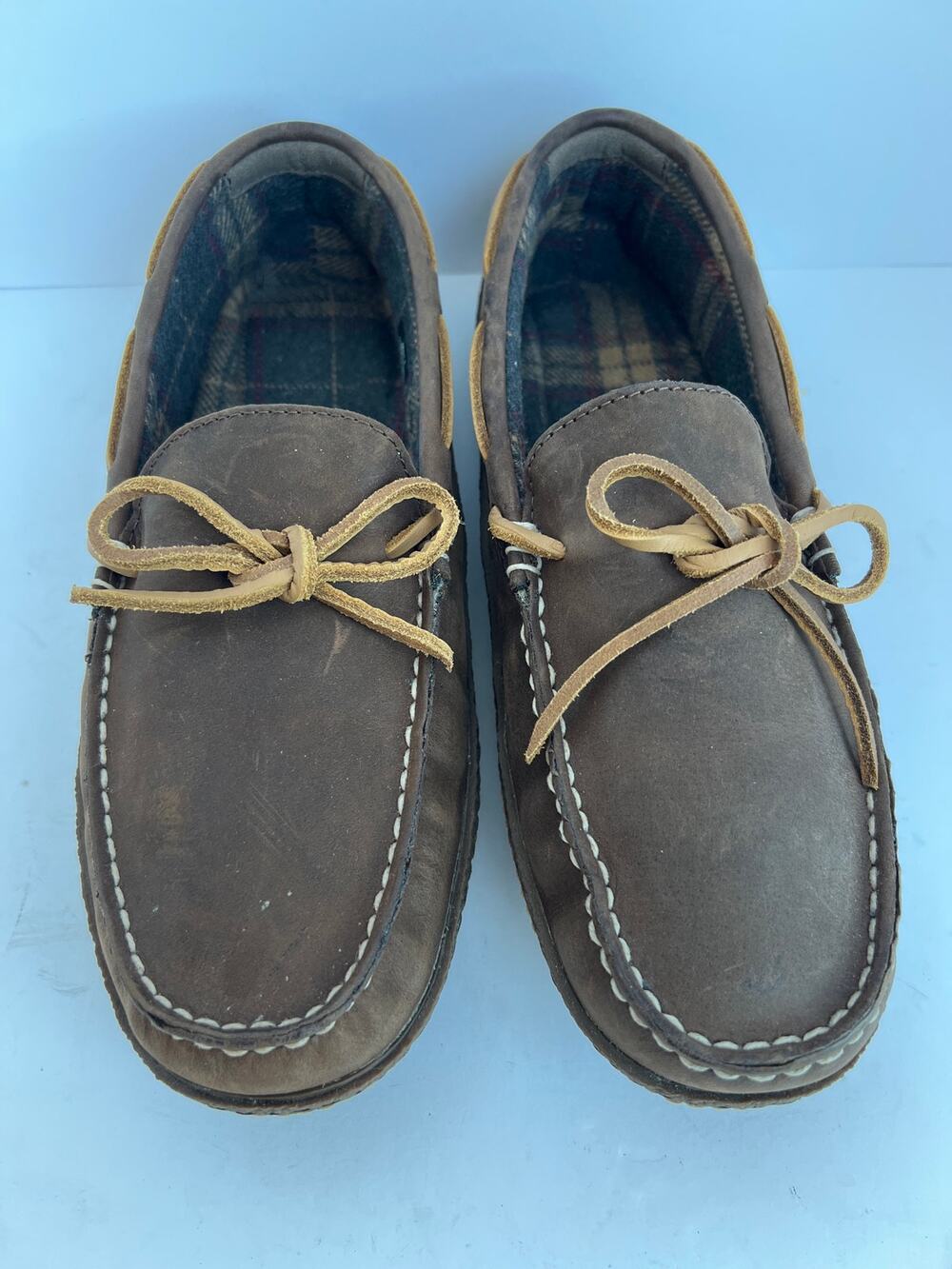 L.L Bean Mens Flannel Lined Leather Moccasin Slipper Dark Brown 9 Medium